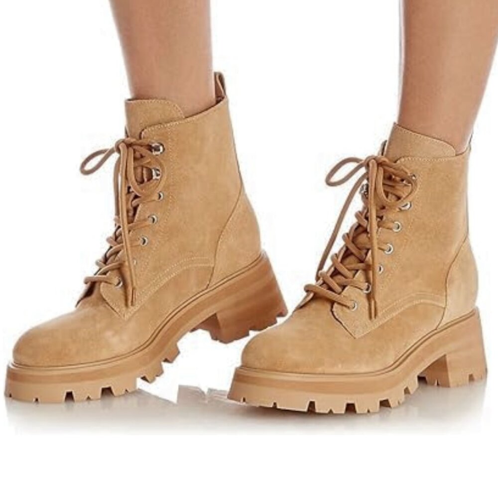 Marc Fisher Size 6.5 Camel Tan Brown Lace Up Suede Leather Lug Sole Boots Shoes